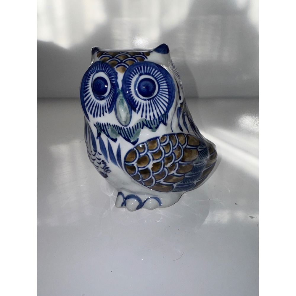 Vintage Tonala Style Ceramic Owl Figurine Blue White Hand Painted Pottery